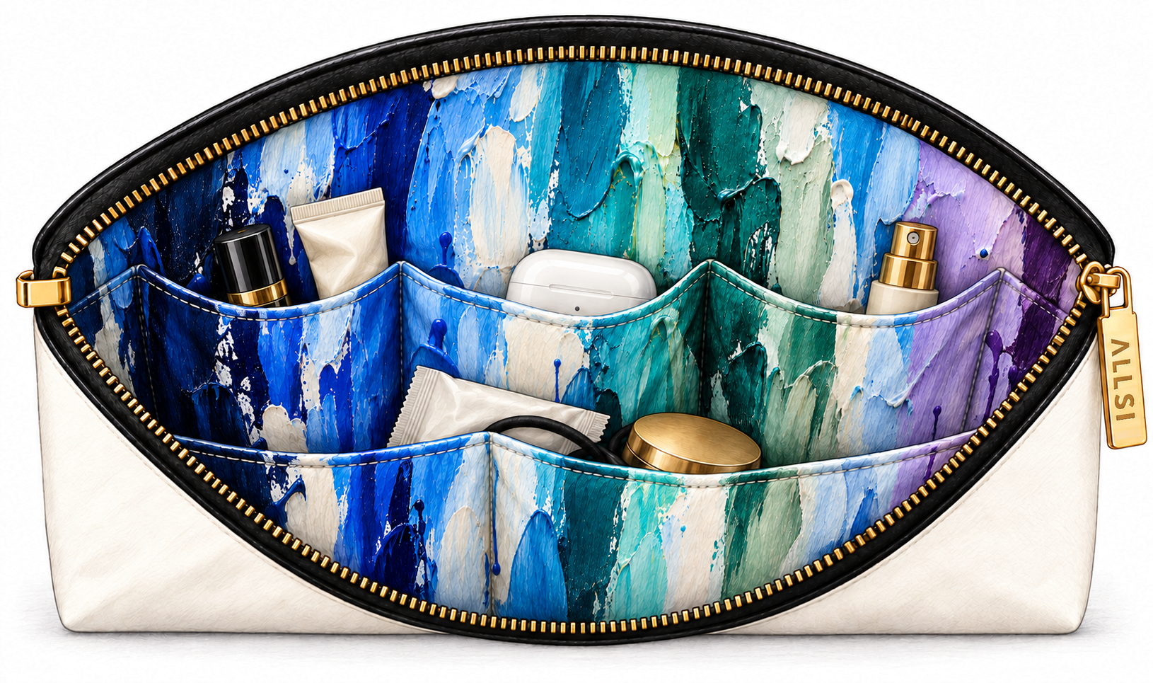 The open ALLSI pouch from above, its cream body and black trim around an interior lined in cool blues, greens and purples, with a gold zipper and an ALLSI tag at the side