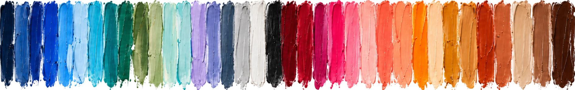 A continuous row of thick impasto paint swatches running from cool blues and greens through pinks and oranges to warm browns
