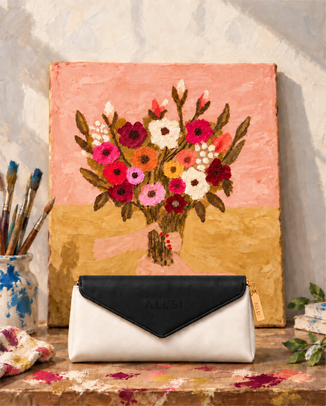 The closed ALLSI pouch on a paint-stained workbench in front of an impasto painting of hands holding pink, red and orange flowers